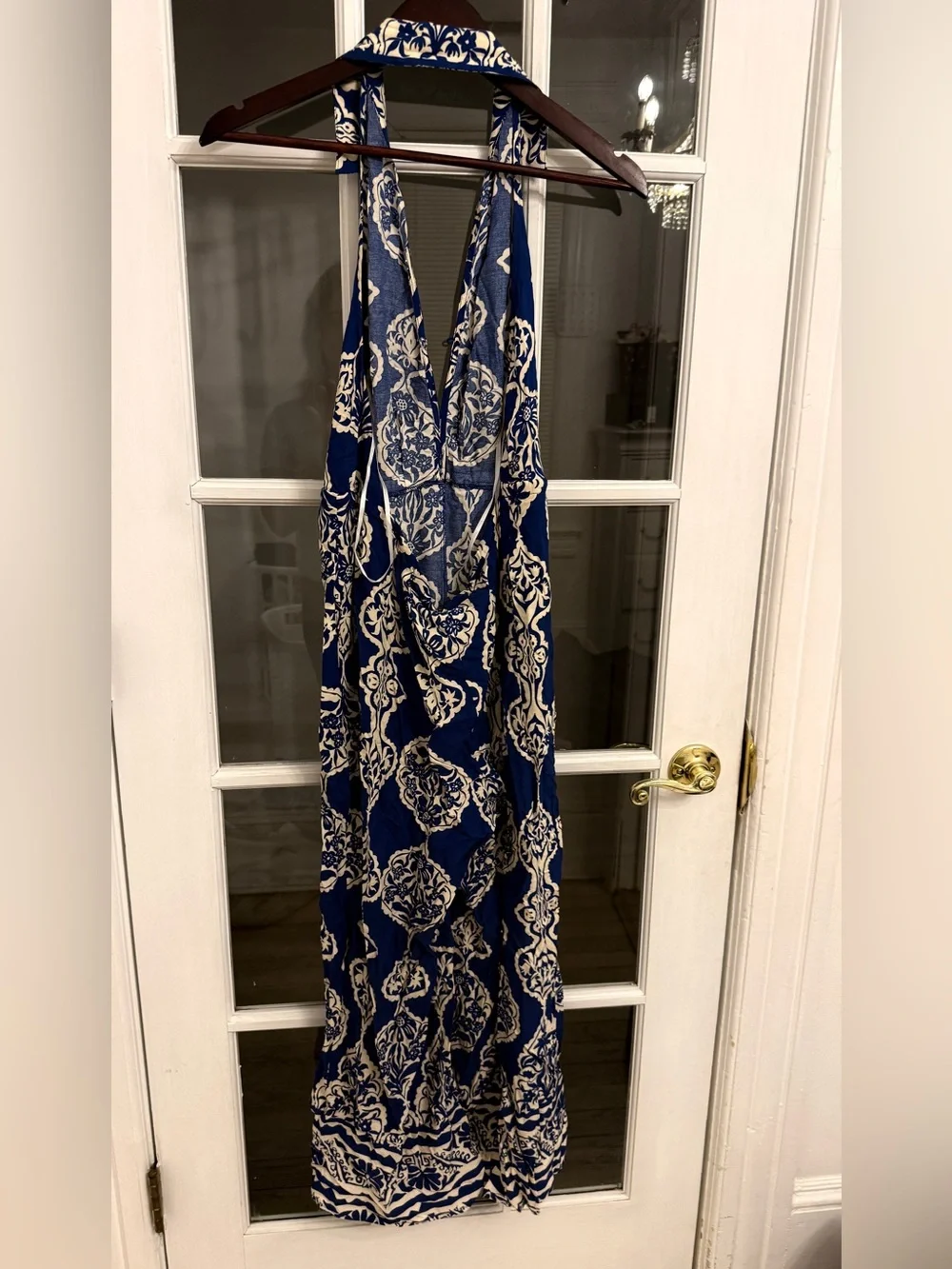 AAKAA Women's Blue & White Boho Print Collared Sleeveless Backless Jumpsuit NEW - Picture 2 of 5
